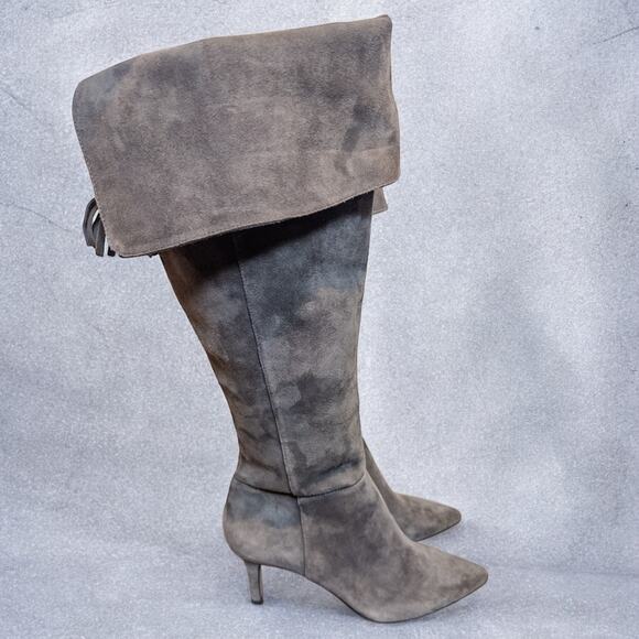 Lord & Taylor 424 Fifth Gray Suede Foldover Knee High Heeled Boots Size 6 - Picture 3 of 8